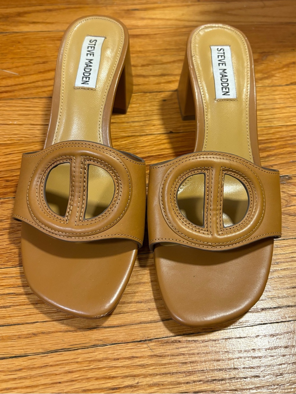 Steve Madden Cognac Leather Circle Cutout Block Heel Mules